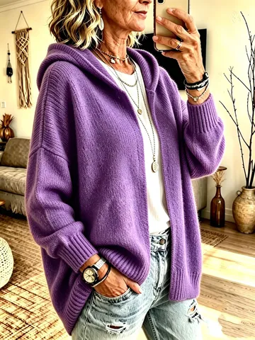 Women's Casual Hooded Knitted Cardigan Sweater Long Sleeve Open Front Buttonless Loose Fit Knit Jacket Outerwear For Autumn Winter
