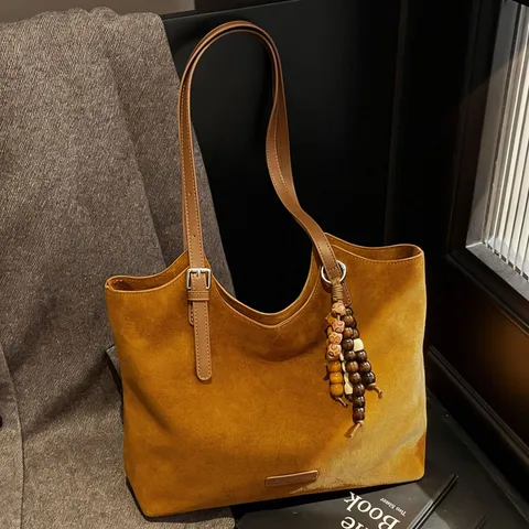 Retro Suede Tote Bag For Women Large Capacity Casual Commuter Shoulder Bag PU Leather Handbag With Pendant