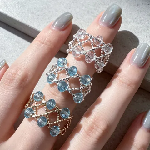 Elegant Crystal Beaded Pull Adjustable Ring Women Fashion Alloy Silver Gold Plated Banquet Finger Ring Gift