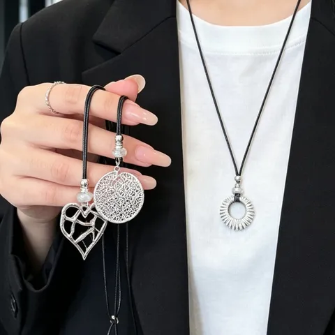 Women Hollow Geometric Pendant Long Necklace Mixed Material Braided Rope Sweater Chain Fashion Jewelry Gift