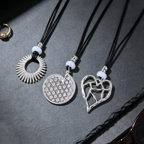 Women Hollow Geometric Pendant Long Necklace Mixed Material Braided Rope Sweater Chain Fashion Jewelry Gift