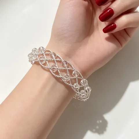 Silver Woven Crisscross Bangle Bracelet Transparent Crystal Beaded Open Cuff Elegant Fashion Jewelry Gift For Women