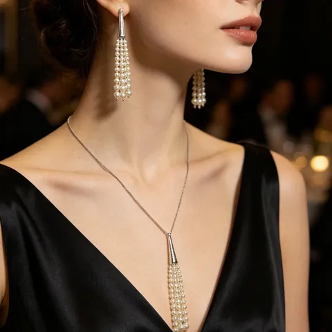 Fashion Artificial Pearl Tassel Pendant Necklace And Earrings Set Rhinestone Geometric Elegant Jewelry For Women