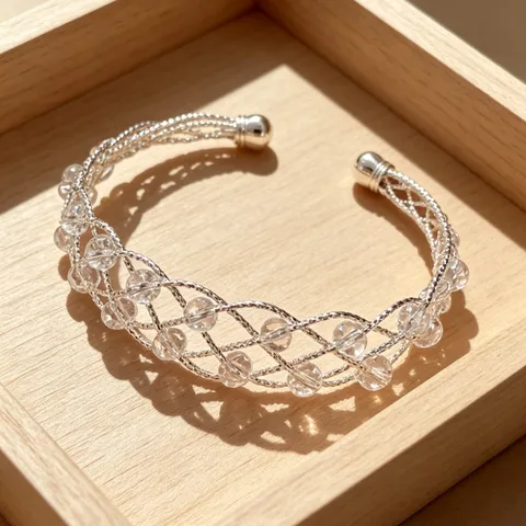 Silver Woven Crisscross Bangle Bracelet Transparent Crystal Beaded Open Cuff Elegant Fashion Jewelry Gift For Women
