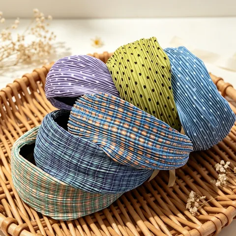 Korean Style Pleated Polka Dot Plaid Wide Brim Headband Women Fashion Vintage Retro Hair Hoop Daily Hair Accessories Headwear