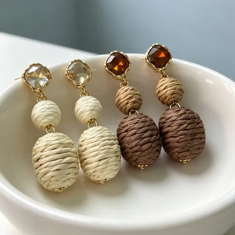 Vintage Ethnic Woven Hemp Rope Rhinestone Drop Earrings Unique Geometric Dangle Earrings For Women Fashion Jewelry