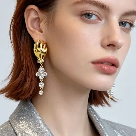 French Retro Artistic Palm Hand Tassel Earrings Full Rhinestone Long Dangle Earrings Light Luxury Vintage Jewelry For Women