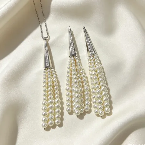 Fashion Artificial Pearl Tassel Pendant Necklace And Earrings Set Rhinestone Geometric Elegant Jewelry For Women