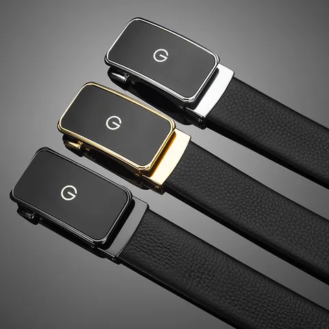 Ceinture Automatique en Cuir Véritable pour Hommes Motif Litchi Affaires Décontracté Boucle Métallique Sangle de Taille