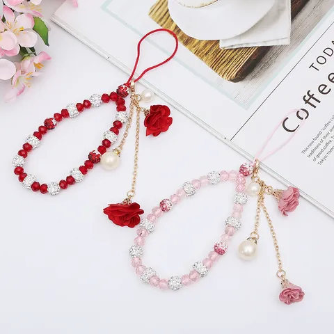 Handgemachte Kristall Strass Blume Handy Lanyard Kurze Handgelenkschlaufe Perlen Armband Handyhülle Charm Mit Quaste Damen Geschenk