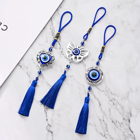 Turkish Blue Evil Eye Hanging Ornament With Tassel Heart Butterfly Round Metal Pendant Home Protection Amulet Blessing Gift