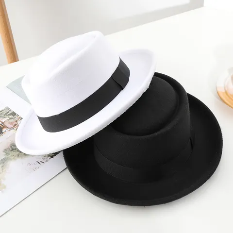 British Style Felt Fedora Hat For Women Men Vintage Jazz Hat With Black Ribbon Band Round Crown Flat Top Fashion Accessory