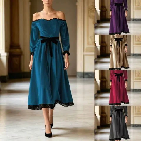 Elegant Off Shoulder Lace Trim Velvet Midi Dress Slim Fit Evening Party Gown With Bow Knot Fashion Gown For Women Outfits
