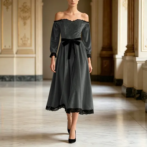 Elegant Off Shoulder Lace Trim Velvet Midi Dress Slim Fit Evening Party Gown With Bow Knot Fashion Gown For Women Outfits