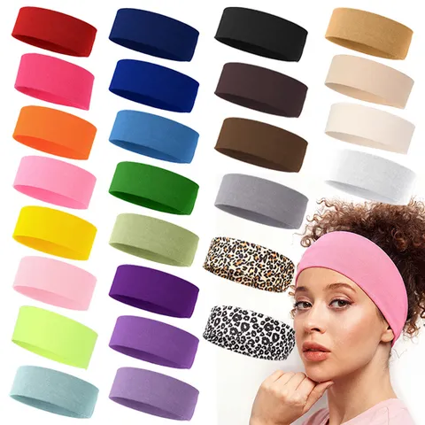 Women High Elastic Sports Headband Solid Color Leopard Print Yoga Sweatband Soft Knitted Hair Band Breathable Workout Turban Non-Slip Headwrap Hair Accessories