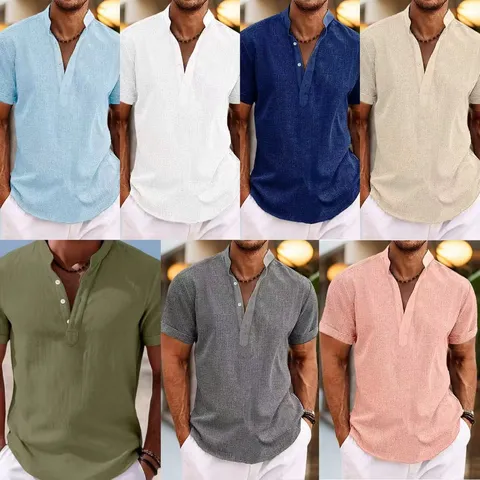 Camicia Henley Casual da Uomo Manica Corta Bottone Collo alla Coreana T-Shirt Estiva Tinta Unita Effetto Lino Top in Poliestere