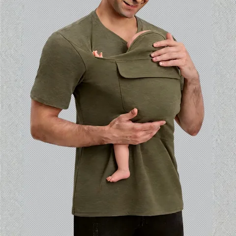 Herren Känguru Papa T-Shirt Multifunktionale Babytrage Tasche Top Kurzarm V-Ausschnitt Freizeit Gestricktes Herren Hemd