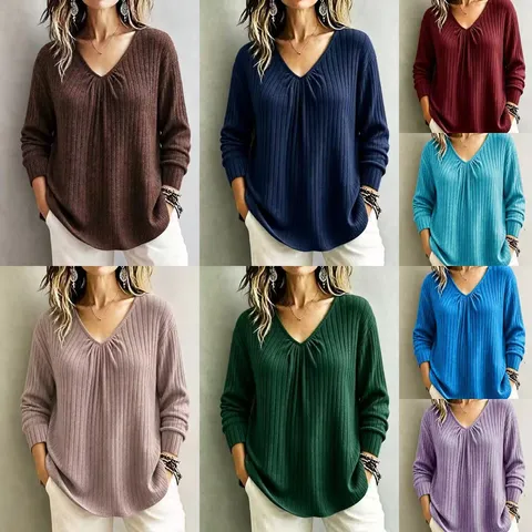 Damen Casual V-Ausschnitt Langarm Rippstrick Oberteil Lockere Passform Basic Einfarbig T-Shirt Herbst Winter Weicher Pullover