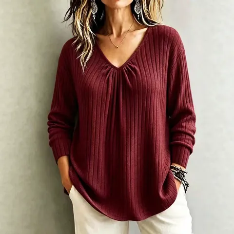 Damen Casual V-Ausschnitt Langarm Rippstrick Oberteil Lockere Passform Basic Einfarbig T-Shirt Herbst Winter Weicher Pullover