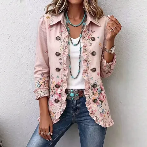 Damen Langarm Rüschen Cardigan Jacke Polyester Elasthan Druck Zweireihig Lässig Boho Oberbekleidung Top