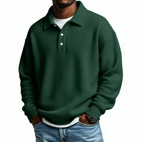 Polo en Maille Gaufre pour Homme Manches Longues Col en V Décontracté Coupe Large Couleur Unie Respirant Style Américain