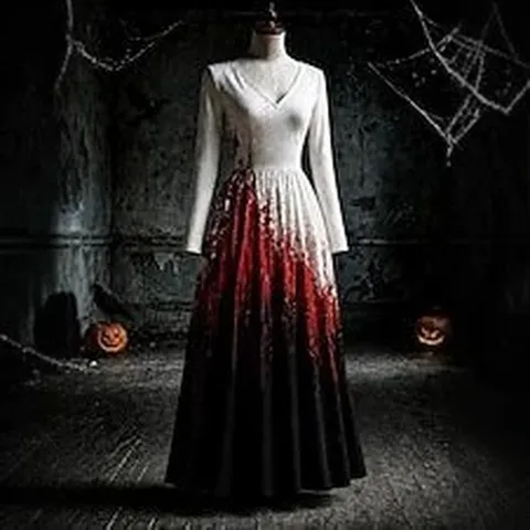 Halloween Women Vintage Elegant V-Neck Long Sleeve Maxi Dress Gradient Print Retro Gothic Party Dress Festival Apparel Polyester Long Dress