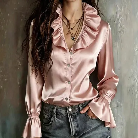 Chemisier Élégant en Satin pour Femmes Col en V Volanté Manches Longues Évasées Chemise en Polyester Couleur Unie