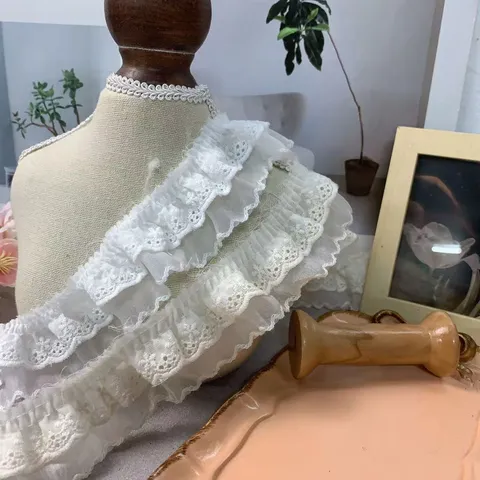 Double Layer Organza Cotton Embroidery Lace Trim With Scalloped Edge Pleated Ruffled Ribbon For Dress Collar Sofa Home Decor DIY Sewing