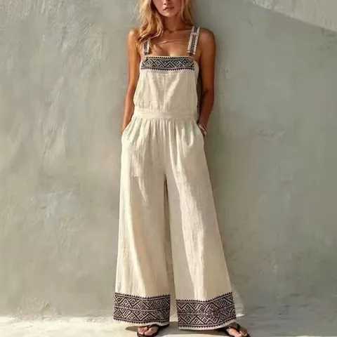 Women's Ethnic Geometric Embroidery Wide Leg Jumpsuit Sleeveless Loose Overall Romper With Pockets For Summer Vacation