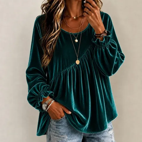 Sweat-shirt en Velours Vintage pour Femmes Manches Longues Col Rond Couleur Unie Haut Décontracté Blouse Ample à Fronces Irrégulières Automne Hiver
