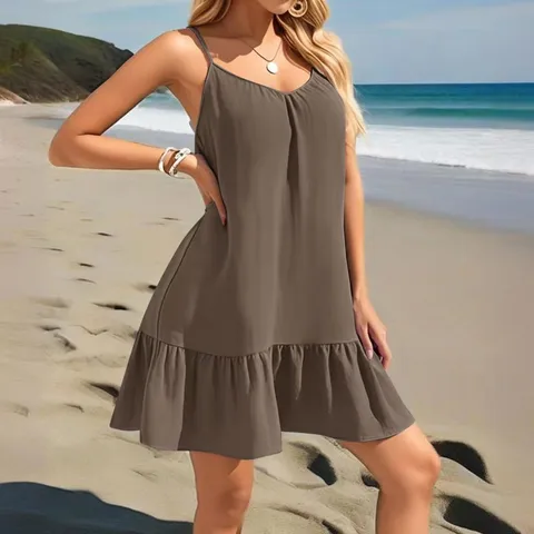 Damen V-Ausschnitt Spaghetti-Träger Kleid Rüschensaum A-Linie Mini-Kleid Lässig Urlaub Locker Ärmellos Sommer Strandkleid