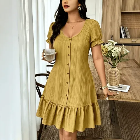 Robe Midi pour Femmes Col en V Manches Courtes Boutonnée Décontractée Couleur Unie Trapèze Robe de Vacances d'Été