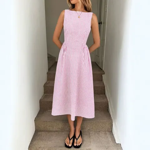 Vestido Largo a Rayas Sin Mangas para Mujer Corte Ajustado Patchwork Cuello Redondo Vestido Midi Casual de Verano para Vacaciones en la Playa