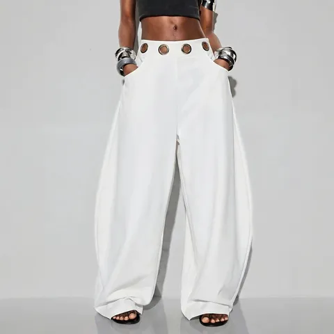 Dames Casual Polyester Hoge Taille Harembroek Metalen Ogen Decoratie Wijde Pijpen Broek Met Zakken Streetwear Mode