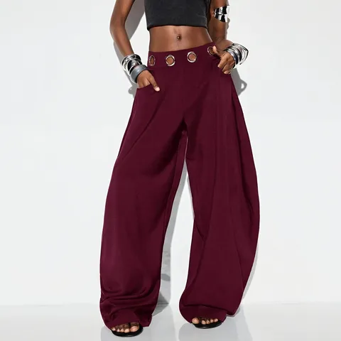 Dames Casual Polyester Hoge Taille Harembroek Metalen Ogen Decoratie Wijde Pijpen Broek Met Zakken Streetwear Mode