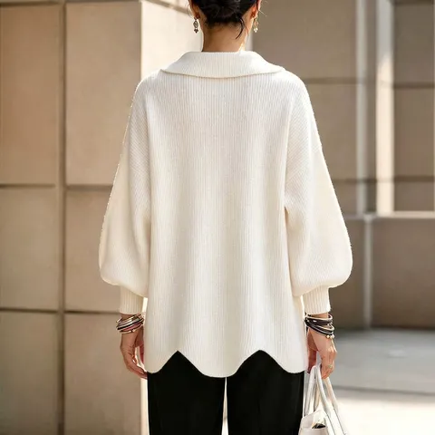 Pull Femme Oversize Col en V Manches Lanternes Tricot Ample à Revers Couleur Unie Décontracté Manches Longues Mode Automne Hiver