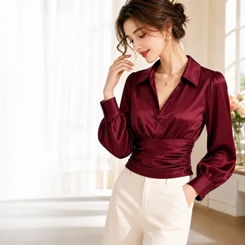 Chemise Femme Élégante en Satin à Revers Taille Froncée Blouse Courte Manches Bouffantes Col en V Haut de Banlieue