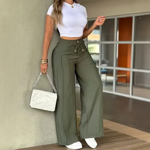 Pantalon Large à Taille Haute pour Femme Avec Couture Centrale Cordon de Serrage Pantalon Décontracté Couleur Unie Polyester Spandex Confortable