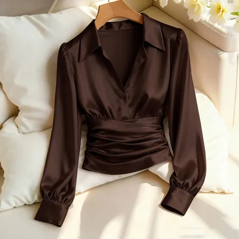 Chemise Femme Élégante en Satin à Revers Taille Froncée Blouse Courte Manches Bouffantes Col en V Haut de Banlieue