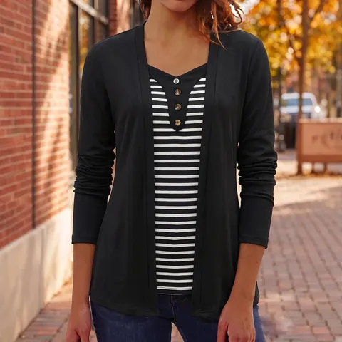 Top Patchwork à Rayures pour Femmes Manches Longues Col Cœur Boutons Faux Deux-Pièces T-Shirt Décontracté Polyester Élasthanne Blouse Commuter