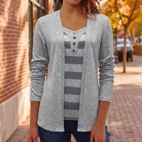 Top Patchwork à Rayures pour Femmes Manches Longues Col Cœur Boutons Faux Deux-Pièces T-Shirt Décontracté Polyester Élasthanne Blouse Commuter