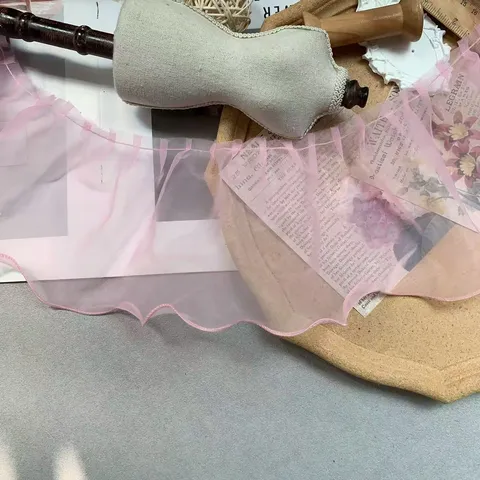 Organza Pleated Ruffle Lace Trim For Skirt Hem DIY Apparel Decoration Pink Beige Single Layer Organza Ruffles Lace Sewing Fabric