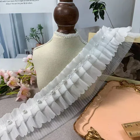 8cm Wide White Chiffon Mesh Beaded Lace Trim With Artificial Pearls Elegant Pleated Ribbon For Dress Curtain Home Decor