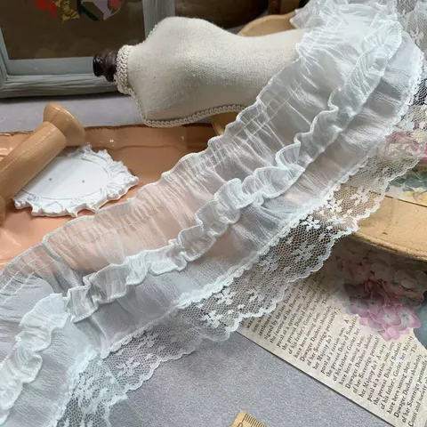 White Snow Gauze 3D Pleated Lace Trim Floral Embroidered Ruffle Ribbon For Lolita Doll Clothes Sofa Pillow DIY Decorative Trim