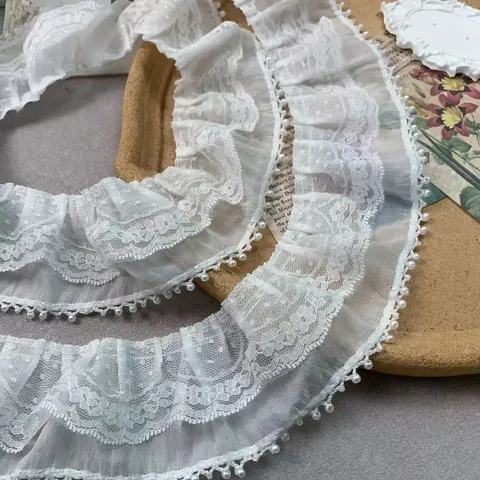 Double Layered Chiffon Pearl Lace Trim White Ruffle Ribbon With Tassel Beads For Wedding Dress DIY Craft Clothing Sewing Accessories