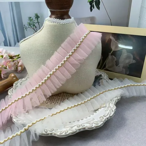5cm Breit Geraffte Netzspitze Mit Goldener Kordelkante Für DIY Bekleidung Kragen Saum Kunsthandwerk Dekoration