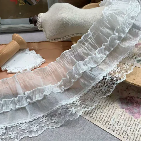 White Snow Gauze 3D Pleated Lace Trim Floral Embroidered Ruffle Ribbon For Lolita Doll Clothes Sofa Pillow DIY Decorative Trim