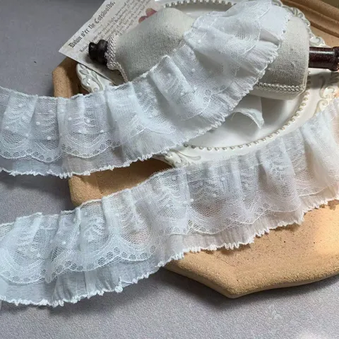Three Layer Polka Dot Lace Trim Chiffon Ruffle Pleated Ribbon For Lolita Princess Doll Dress Decoration DIY Sewing Supplies White