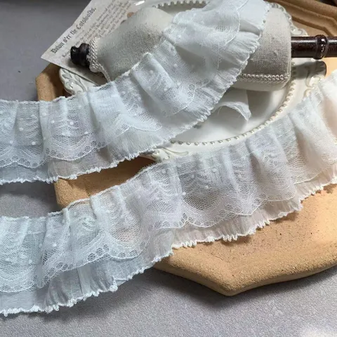 Three Layer Polka Dot Lace Trim Chiffon Ruffle Pleated Ribbon For Lolita Princess Doll Dress Decoration DIY Sewing Supplies White