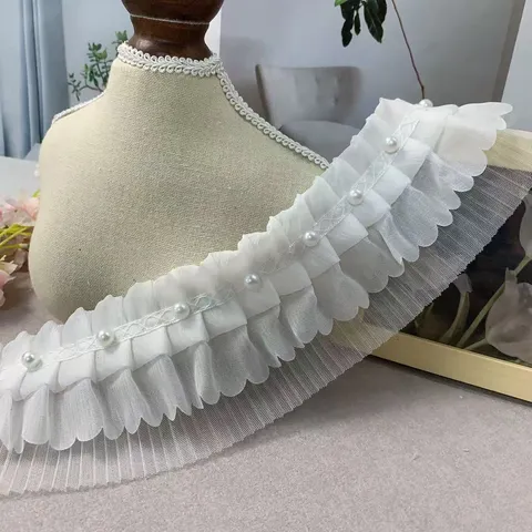 8cm Wide White Chiffon Mesh Beaded Lace Trim With Artificial Pearls Elegant Pleated Ribbon For Dress Curtain Home Decor